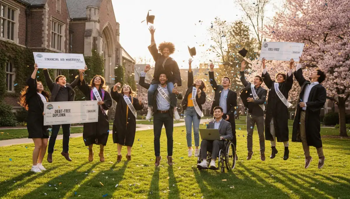 Diverse college students celebrating on campus after securing financial aid.