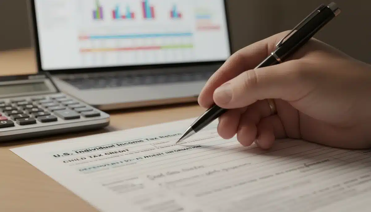 Hand filling out tax forms for Child Tax Credit benefits.