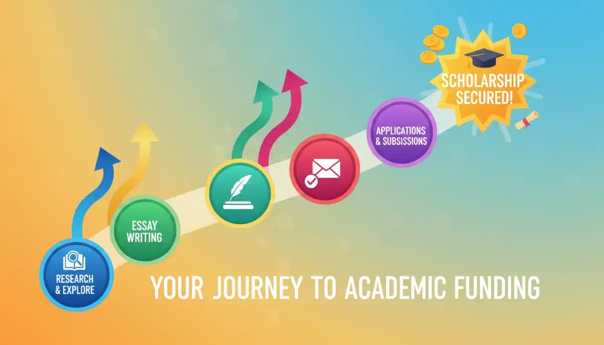 Graphic illustrating a successful scholarship application journey with key milestones.