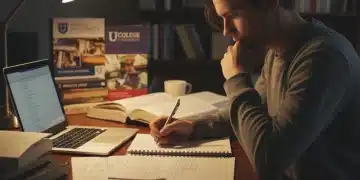 Student writing college application essay, focused and determined