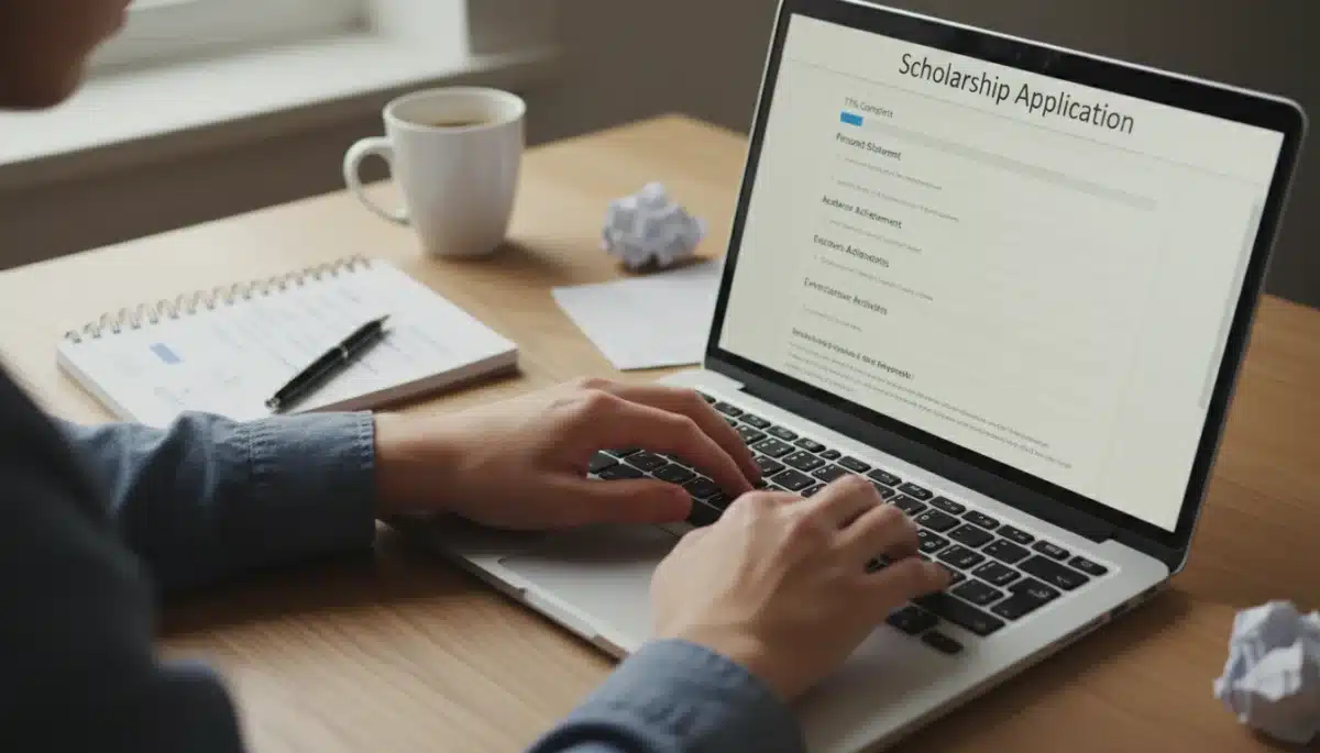 Student meticulously filling out a scholarship application form online.