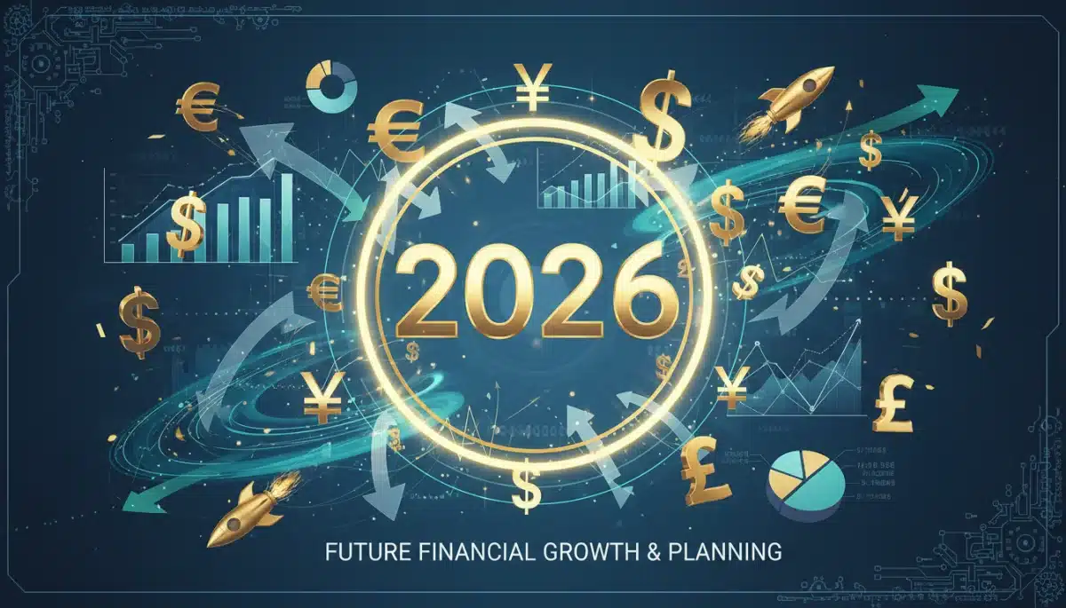 Calendar highlighting 2026 with financial growth symbols.