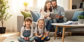 Parents reviewing finances with happy children, symbolizing Child Care Tax Credits 2026 savings.
