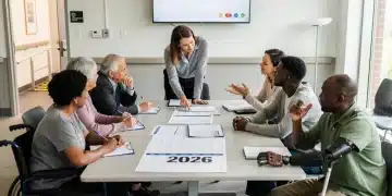 Diverse individuals reviewing Disability Benefits Updates 2026 documents with a counselor.