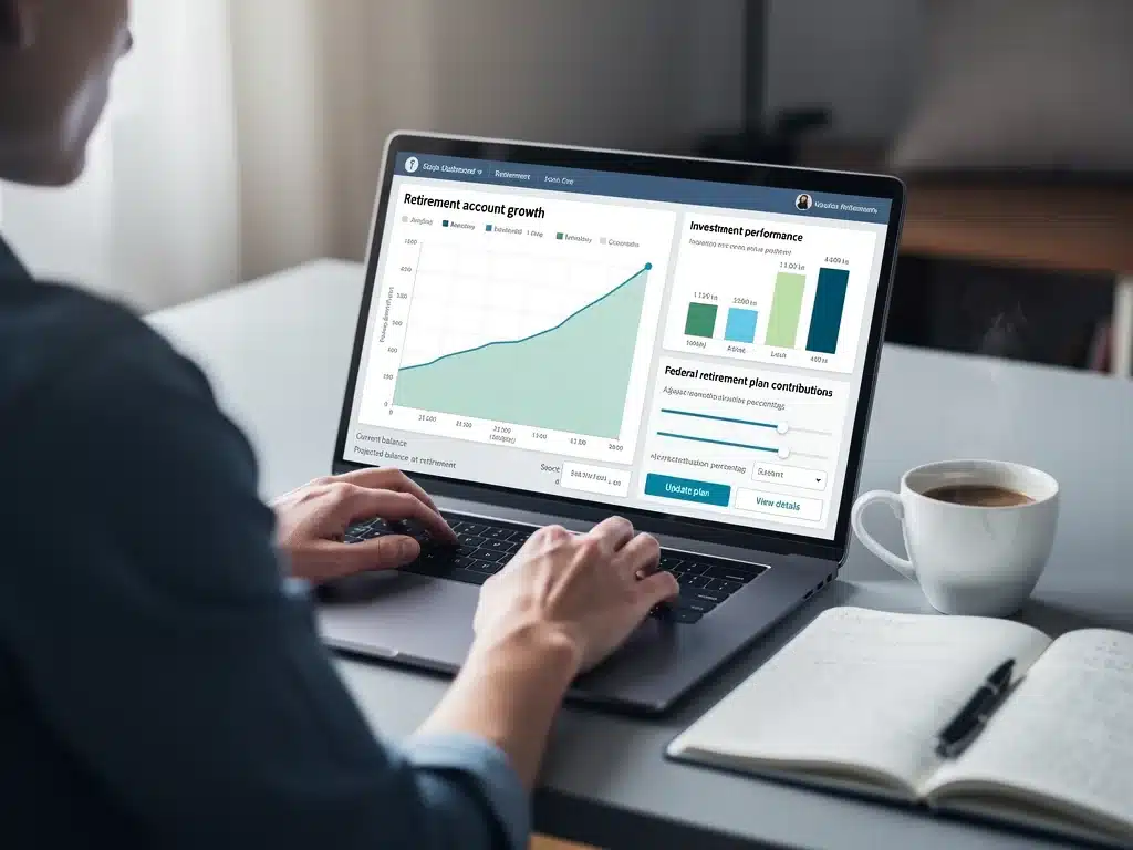 Analyzing federal retirement plan projections on a laptop.