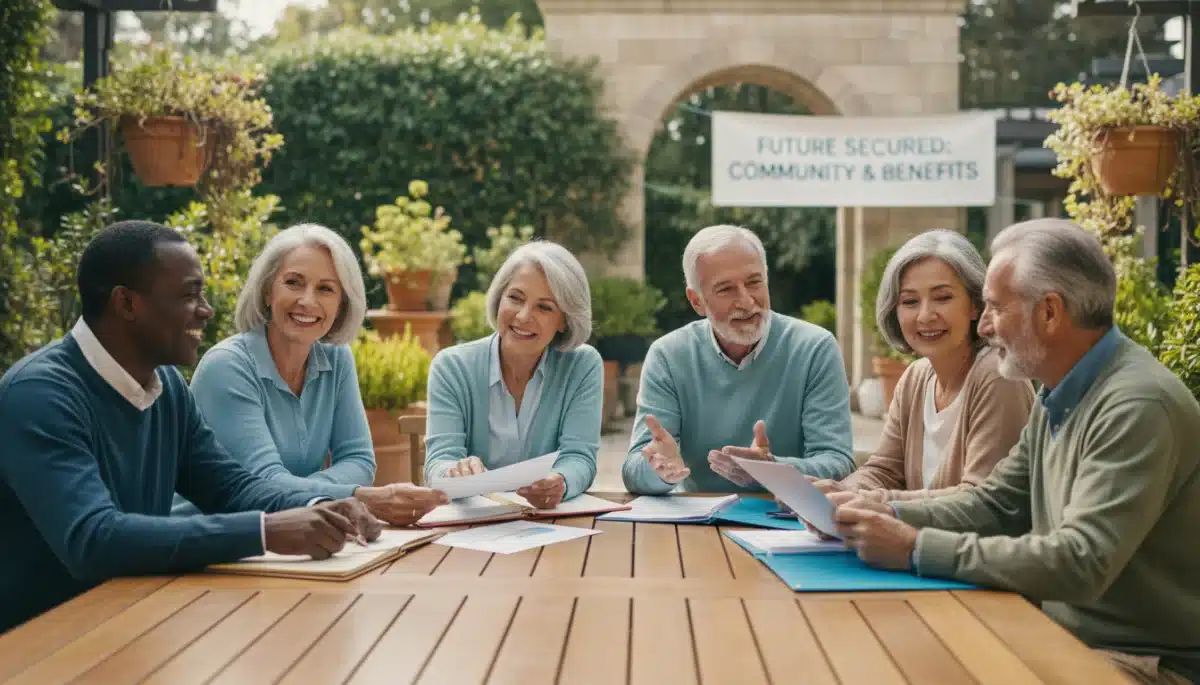 Diverse group of retirees discussing Social Security benefit statements.