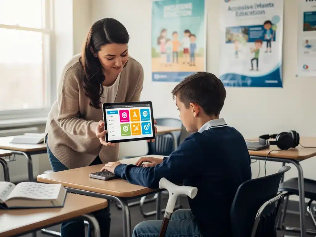 Teacher assisting visually impaired student with accessible learning technology.