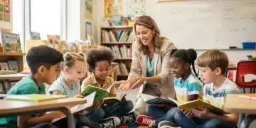 Diverse K-12 students reading together in a bright classroom, actively engaged with books and learning.