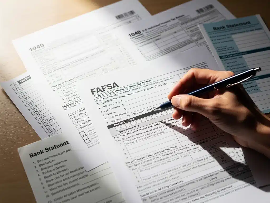 Hand highlighting crucial sections on a FAFSA form amidst financial documents, emphasizing careful review.