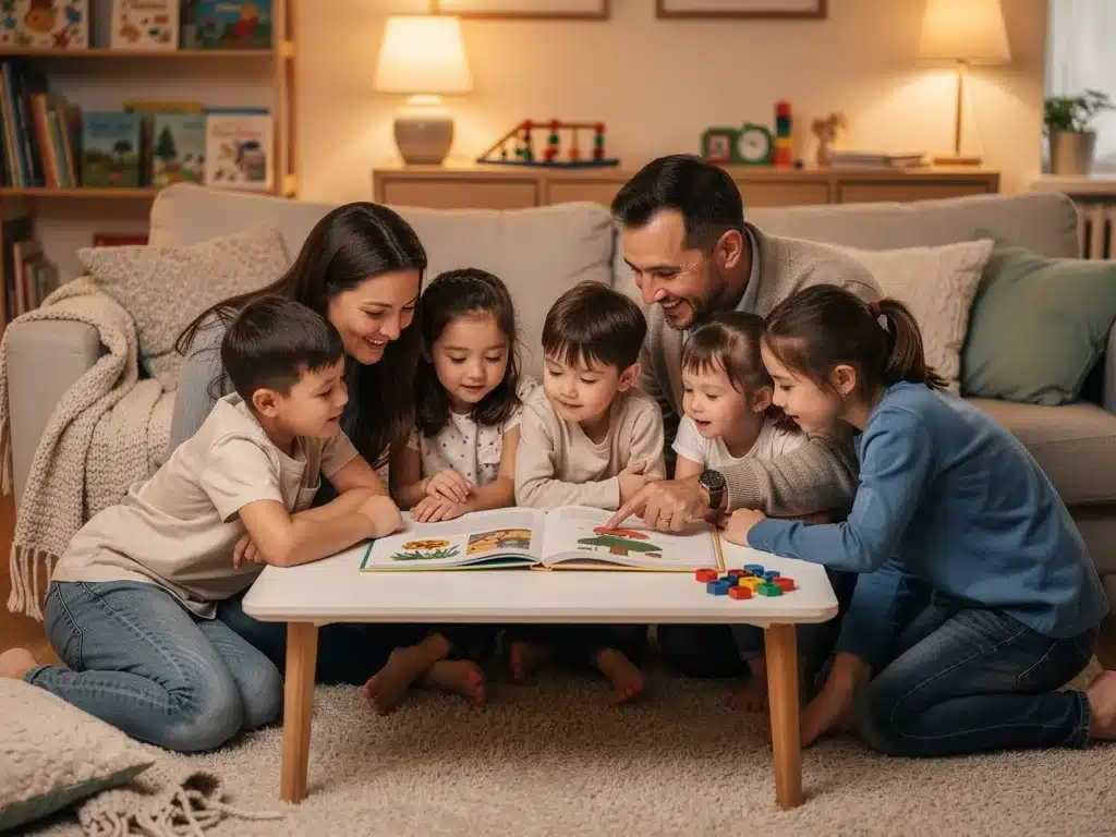 Parents and children reading together at home, fostering family literacy.