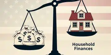 Federal budget impacting U.S. household finances, balance scale money house