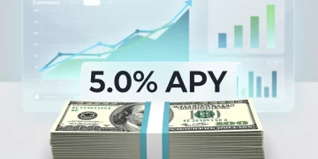 Stack of dollar bills with 5.0% APY sign, representing high-yield savings accounts for 2026