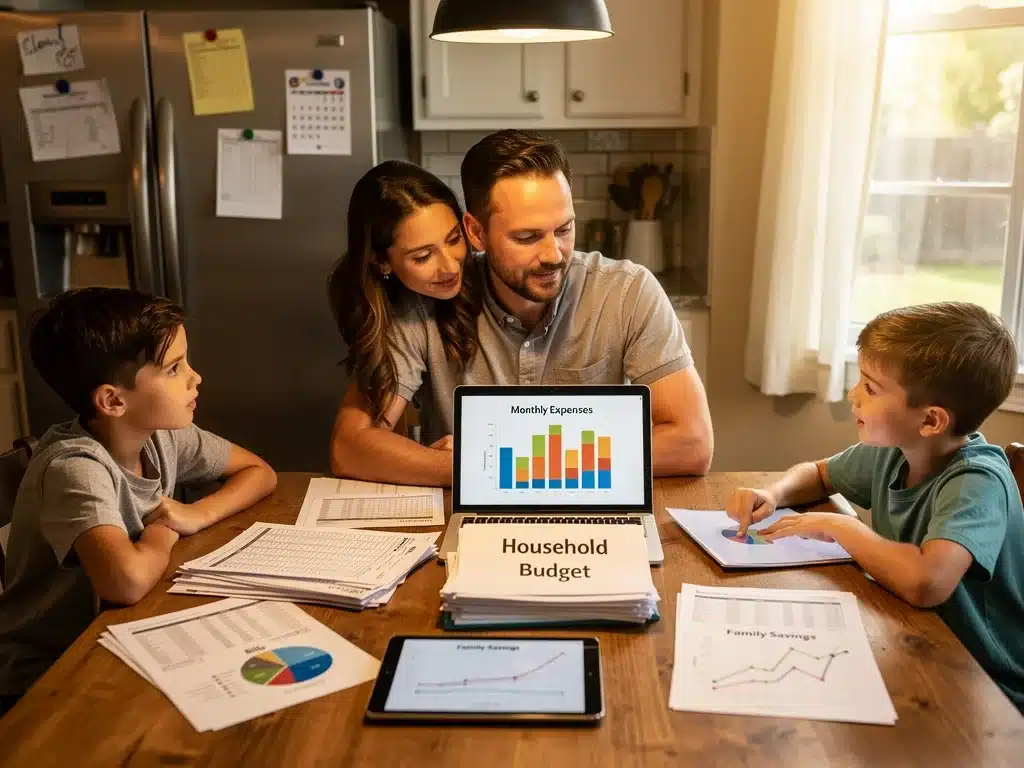 Family reviewing personal budget and financial documents
