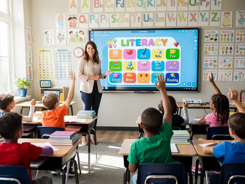 Teacher using interactive whiteboard for literacy game with engaged elementary students.