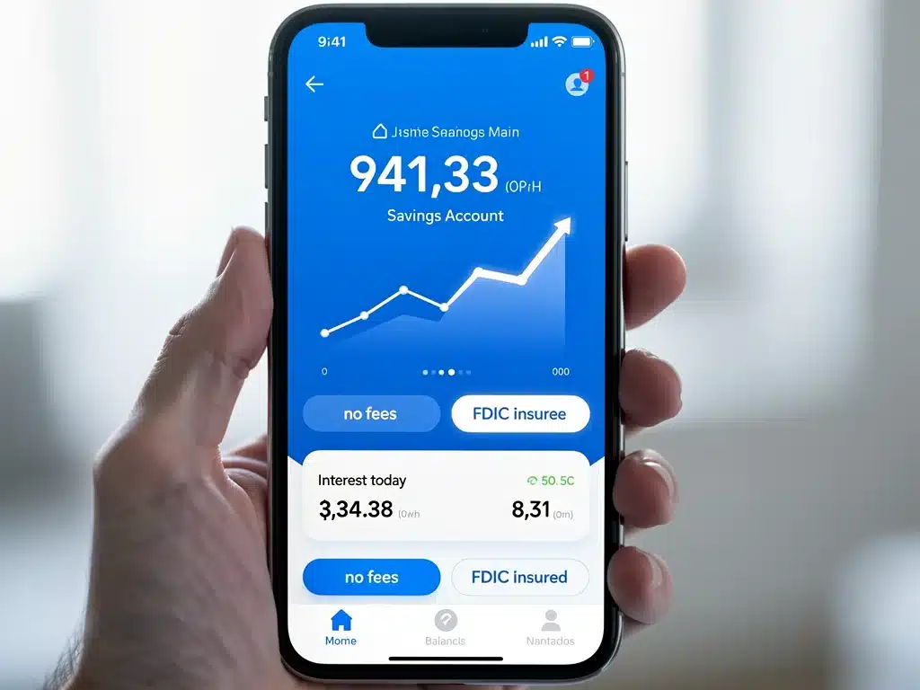 Smartphone app showing growing savings account balance with high APY and FDIC insurance