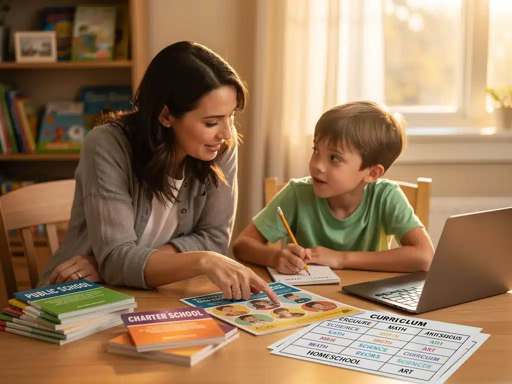 Parent and child reviewing school brochures and discussing curriculum options at home.