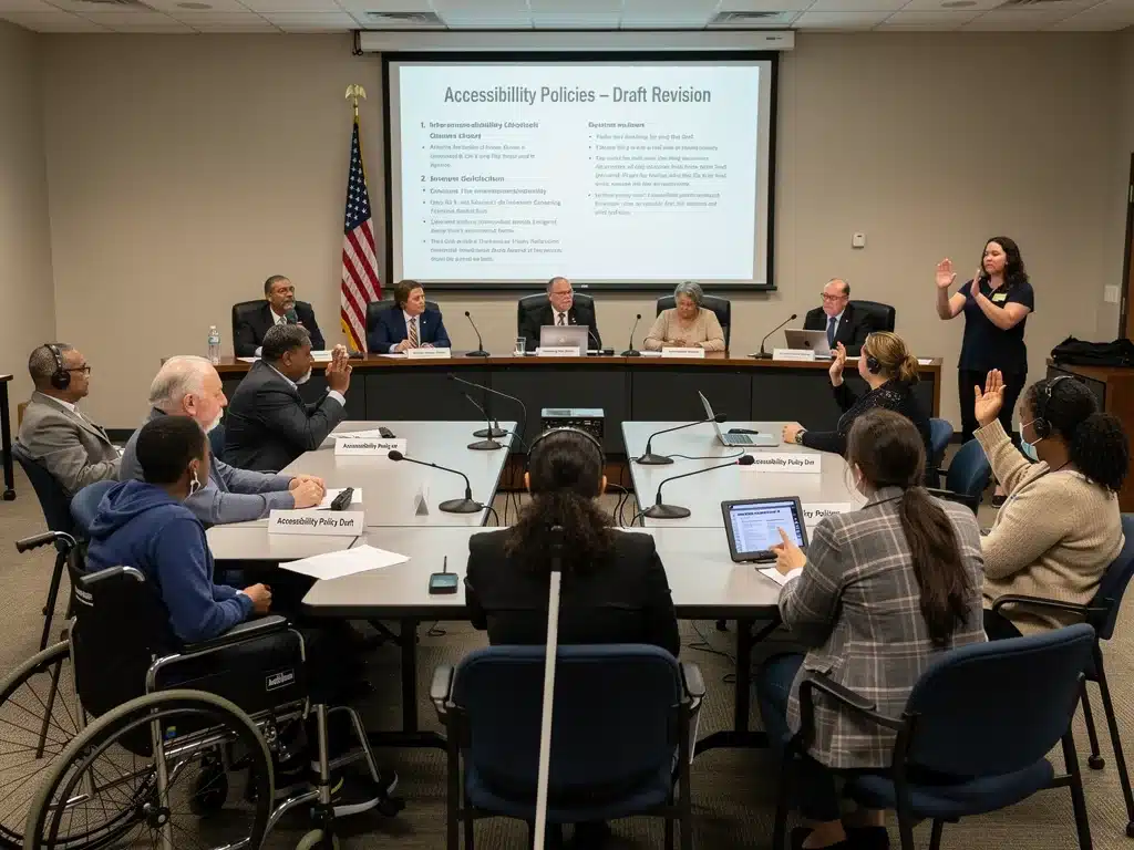 Community members and educators discussing new special education accessibility policies.