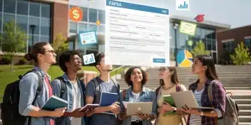 Students reviewing FAFSA forms with a university background, symbolizing the impact of financial aid changes on higher education.
