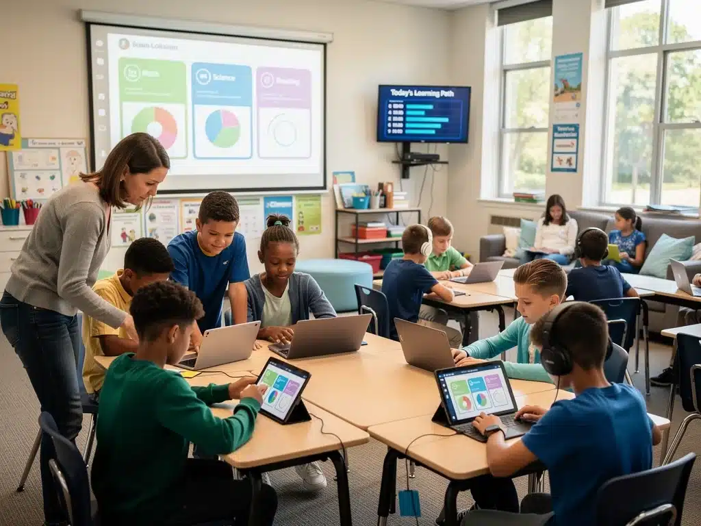 Students using tablets and interactive whiteboards in a modern classroom, depicting technology in education.
