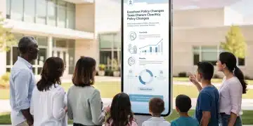 Parents and children reviewing a digital infographic about upcoming US education policy changes for 2026.