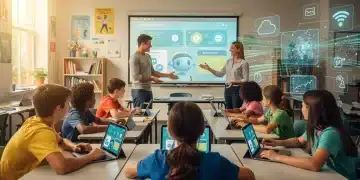 Students and teacher interacting with AI learning tools in a modern US classroom.