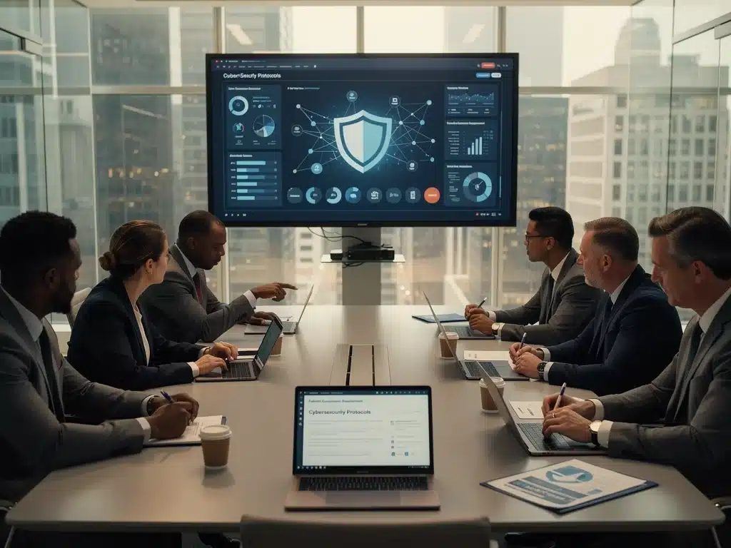 Business team collaborating on cybersecurity compliance strategies.