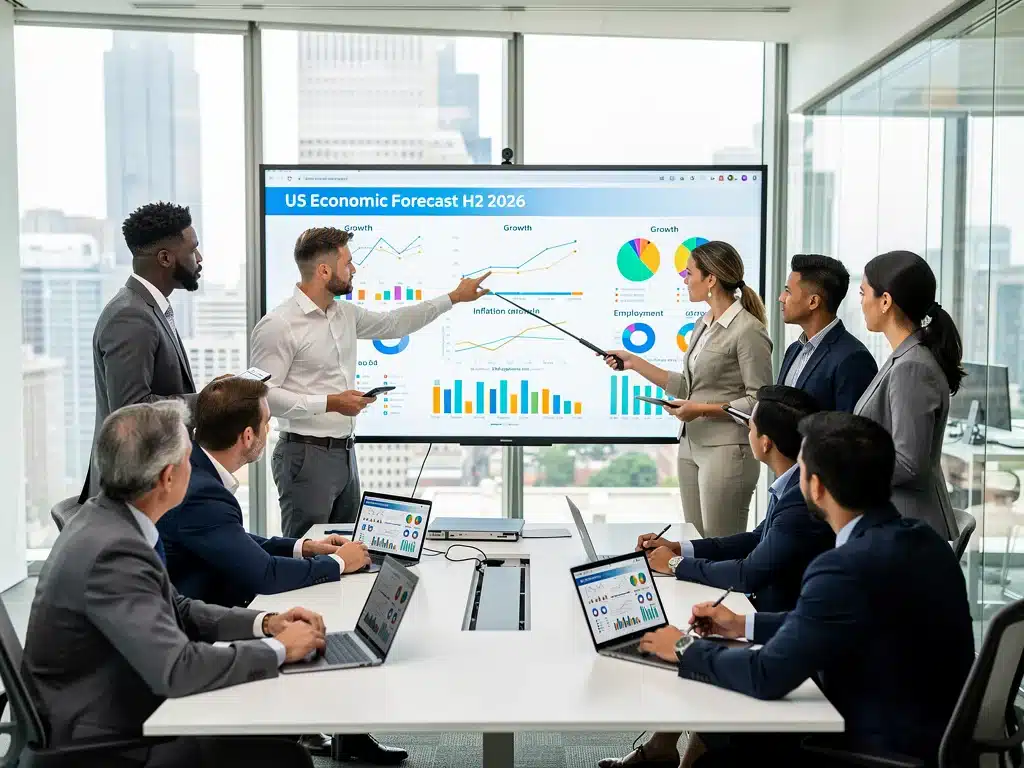 Business professionals strategizing based on US economic forecast for H2 2026.