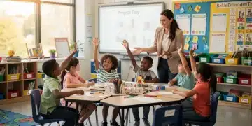 Engaged students in a modern US classroom collaborating on a project