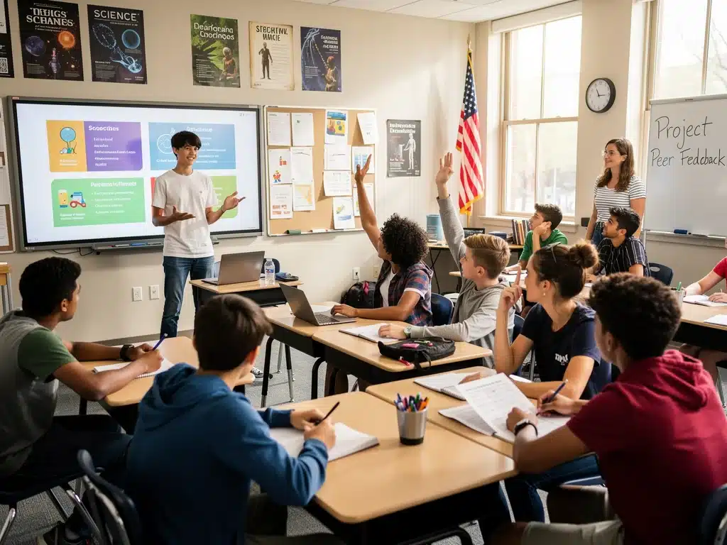 High school student presenting project to engaged classmates