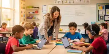 Students engaging with technology and traditional learning materials in a modern US classroom, highlighting efforts to bridge the digital divide.