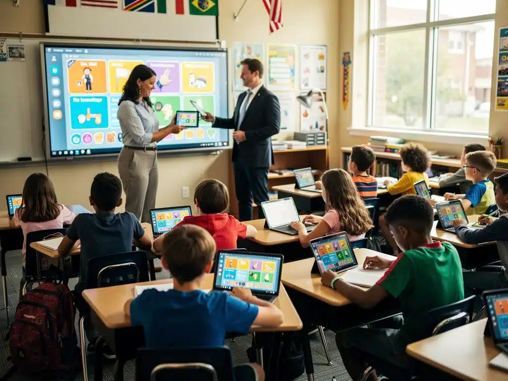 Teacher using technology for interactive learning in US classroom
