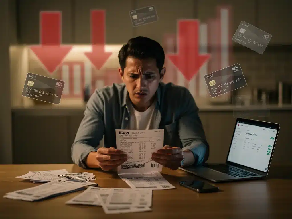 Stressed consumer reviewing credit card statement due to rising interest rates.