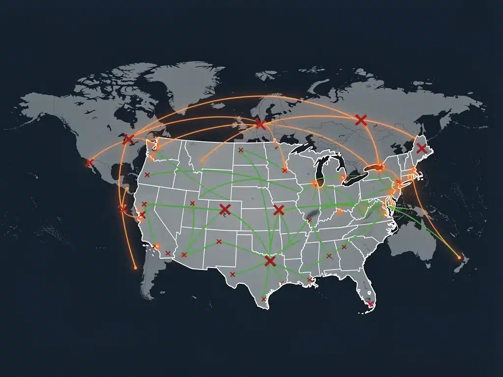 World map illustrating disrupted global supply chains and the emergence of localized, resilient US manufacturing routes.