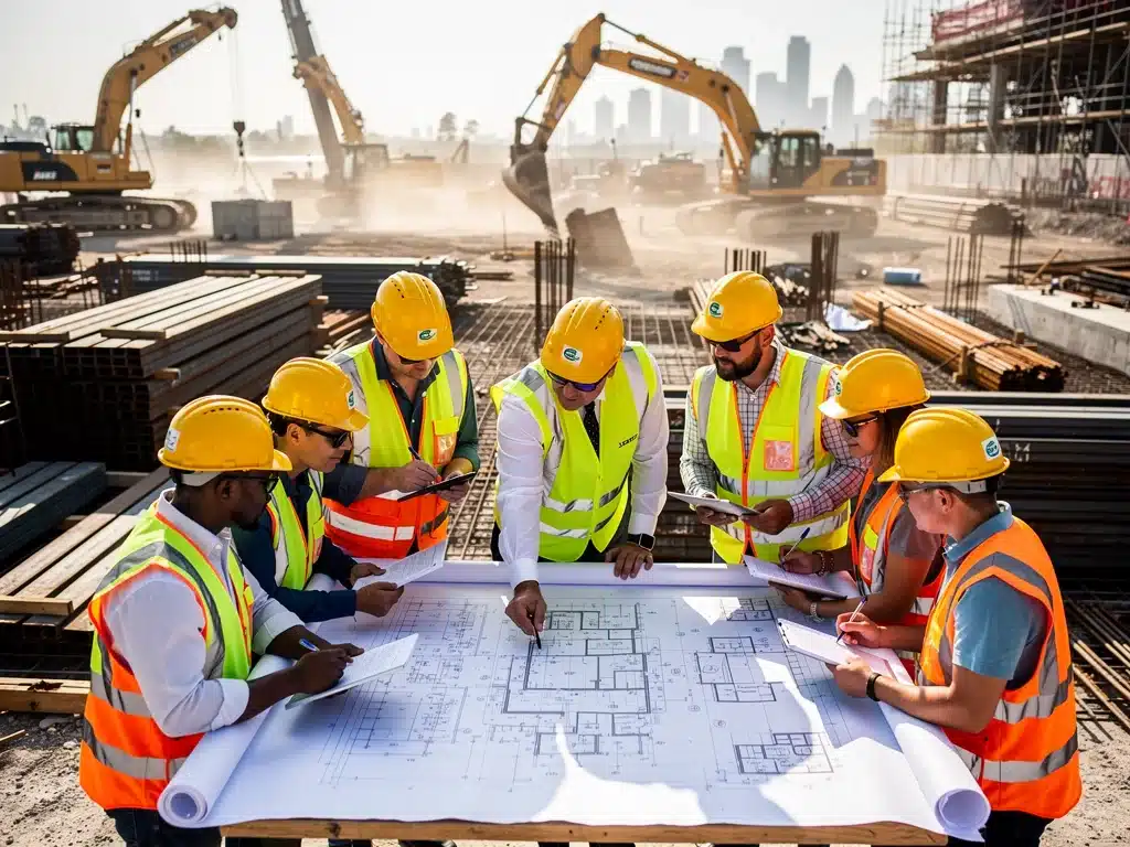 Construction workers reviewing blueprints at a bustling infrastructure project site