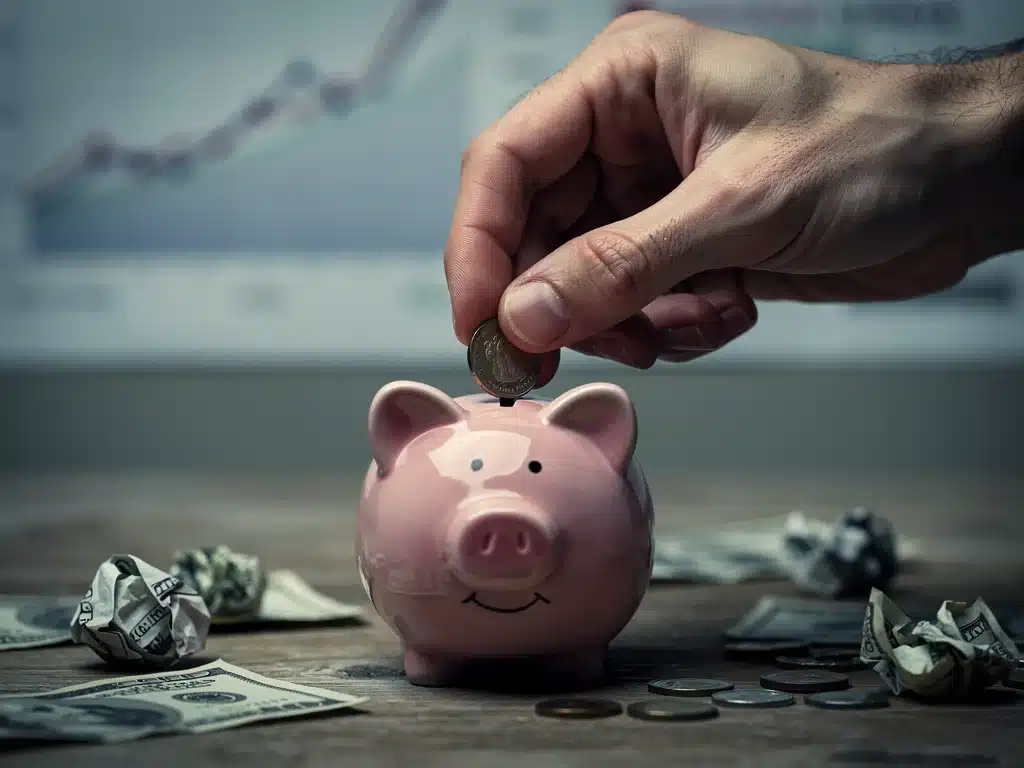 Hand struggling to save money in a piggy bank amidst economic pressures.