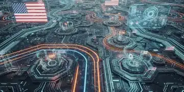 Futuristic digital landscape representing US tech policy changes in 2026
